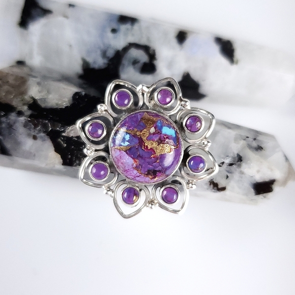 925 Sterling Silver Purple Copper Turquoise Flower Ring Size 9 New - Picture 12 of 13